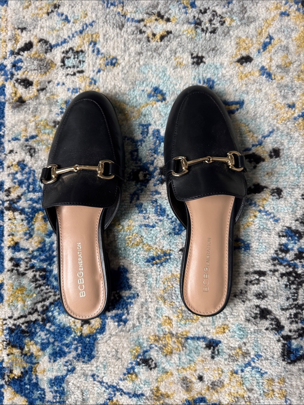 BCBGeneration Black Leather Mule Loafers with Gold Bit- No Box
